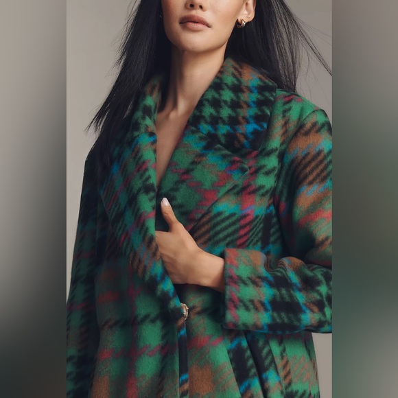 Anthropologie NVLT Plaid Wool Blend Mid-Length Coat Sz S NWT Apple Green - Picture 3 of 8